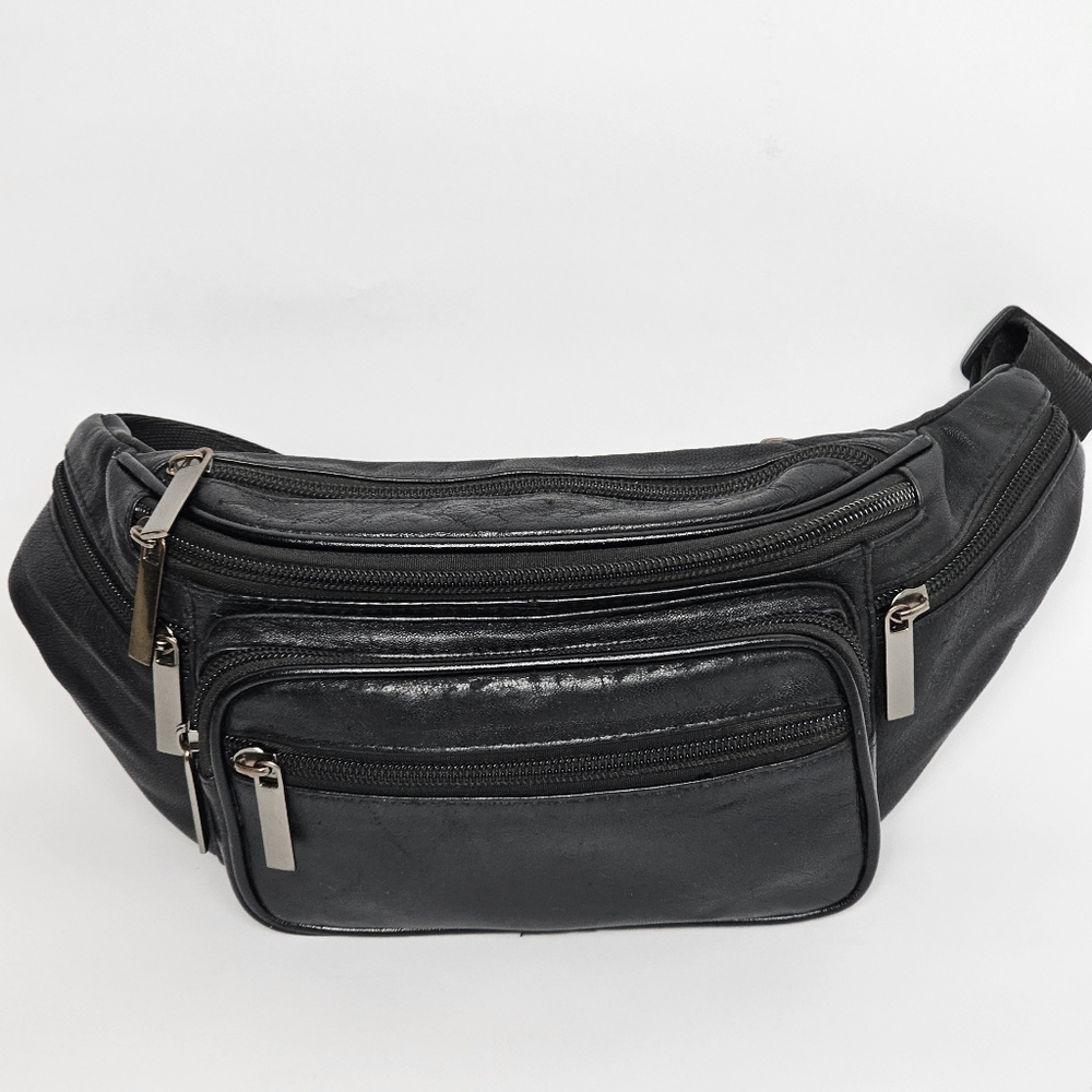 Vintage Black Leather Waist Bag with Adjustable Nylon Belt, Push Buckle, EUC